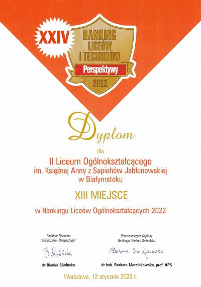 Dyplom dla II Liceum Ogólnokształcącego imenia Ksiżęnej Anny z Sapiehów Jabłonowskiej w Białymstoku za zajęcie 13 miejsca w rankingu liceów ogólnokształcących 2022