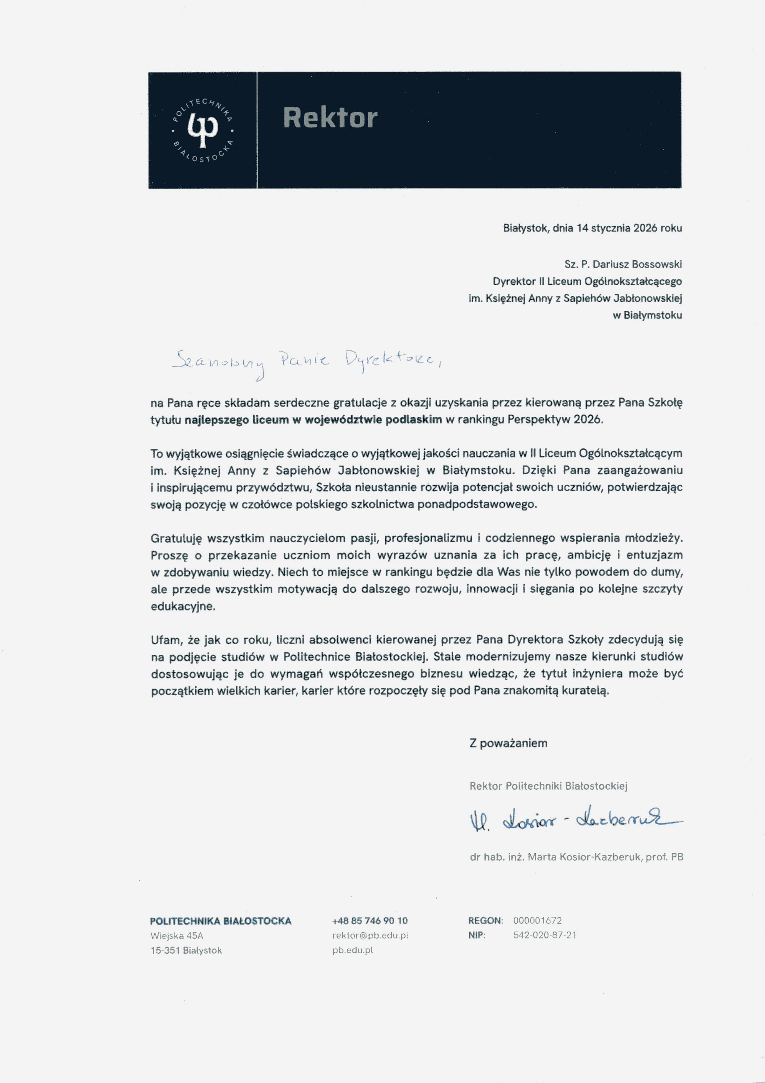 gratulacje rektora PB