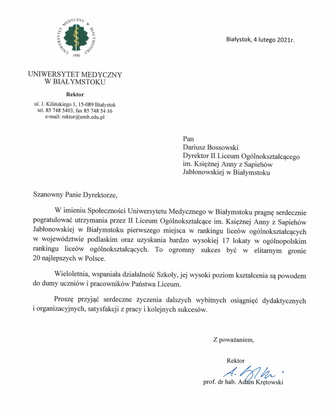 Gratulacje od Rektora UM w Białymstoku