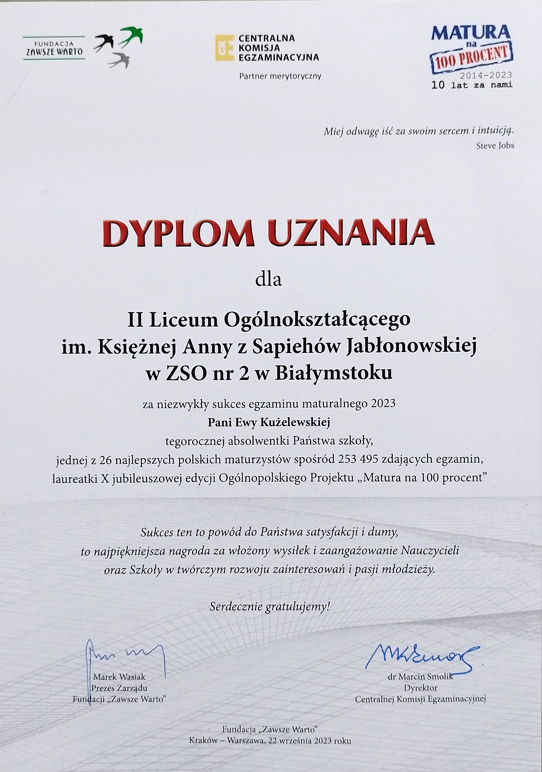 Dyplom Ewy Kużelewskiej