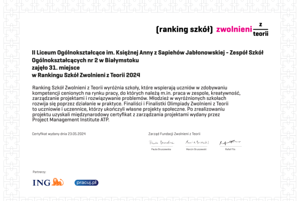 Wyróżnienie naszej szkoły w Rankingu Zwolnieni z Teorii