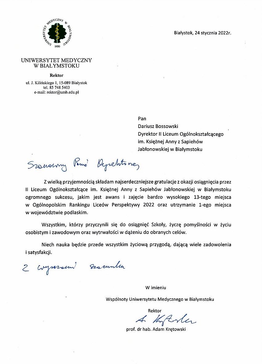 Grafika przedstawiająca list z gratulacjami za osiągnięcia napisany przez Rektora Uniwersytetu Medycznego w Białymstoku do Dyrektora Dariusza Bossowskiego